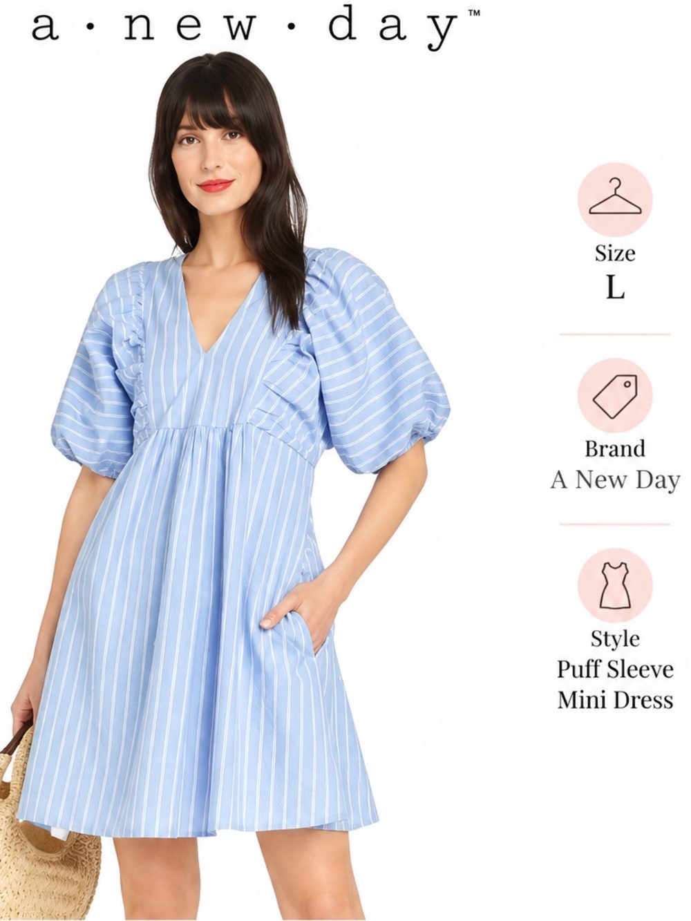 A New Day Puff Sleeve Mini Dress Striped in Blue & White